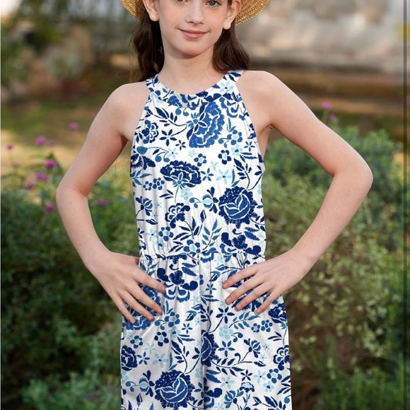 Girls Summer Floral Halter Neck Sleeveless Jumpsuit with Side Pockets (061) - Picture 3 of 4